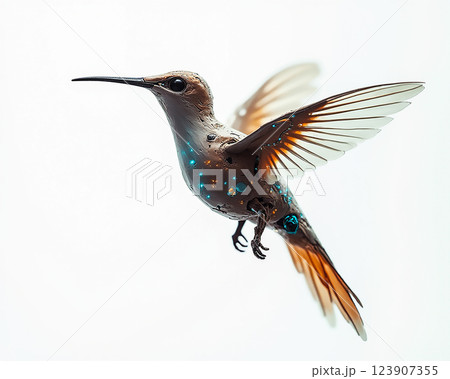 Robotic hummingbird in mid-flight showcasing intricate design and vibrant colors 123907355