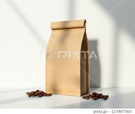 Coffee bag with roasted beans on a table in bright sunlight highlighting texture Coffee bag with roasted beans on a table in bright sunlight highlighting texture 123907363