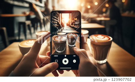 A cascade of sunlight floods the cafe, where a person uses their smartphone to photograph a wooden tray with three elegant lattes, the background a soft blur of cafe patrons. A cascade of sunlight floods the cafe, where a person uses their smartphone to photograph a wooden tray with three elegant lattes, the background a soft blur of cafe patrons. 123907702