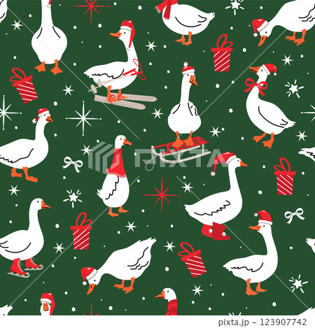 Winter Christmas pattern with white geese, Christmas design ongreen background .Vector illustration 123907742