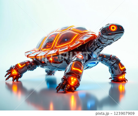 Futuristic robotic turtle with neon accents moves gracefully across a sleek surface 123907909