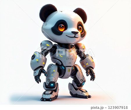 Robotized panda with bright eyes and mechanical limbs stands upright in a futuristic setting 123907918