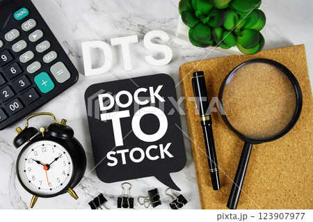 DTS - Dock To Stock acronym with calculator, alarm clock and magnifying glass, Business concept background 123907977