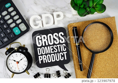 GDP - Gross Domestic Product acronym with calculator, alarm clock and magnifying glass, Business concept background GDP - Gross Domestic Product acronym with calculator, alarm clock and magnifying glass, Business concept background 123907978