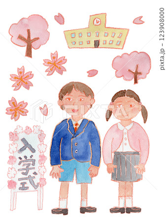 小学生とさくらの水彩イラスト 小学生とさくらの水彩イラスト 123908000
