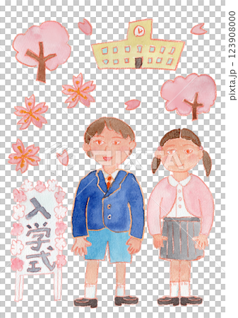 小学生とさくらの水彩イラスト 小学生とさくらの水彩イラスト 123908000