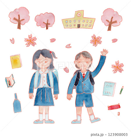 ランドセルを背負った小学生とさくらの水彩イラスト 123908003