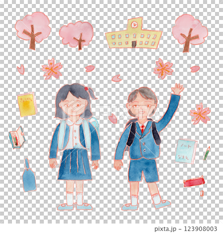 背著書包的小學生和櫻花的水彩插圖 123908003