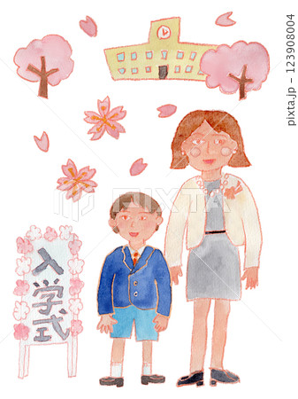 小学校の入学式の親子と桜の水彩イラスト 123908004
