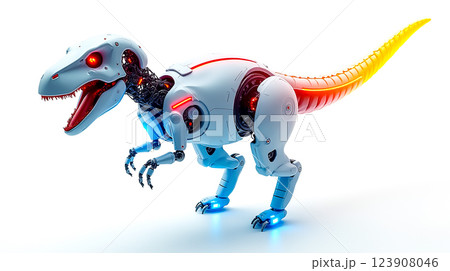 Futuristic robotic dinosaur with glowing features and red accents in a bright environment 123908046