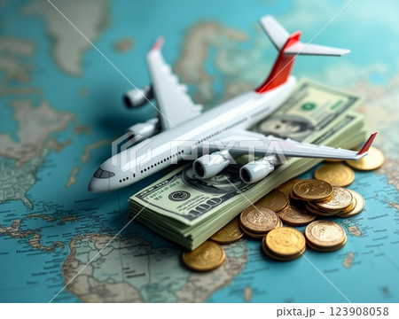 Model airplane on a map with cash and coins representing travel expenses and planning for future trips 123908058