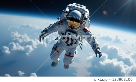 Astronaut explores the vastness of space above Earth during a spacewalk in low Earth orbit 123908100