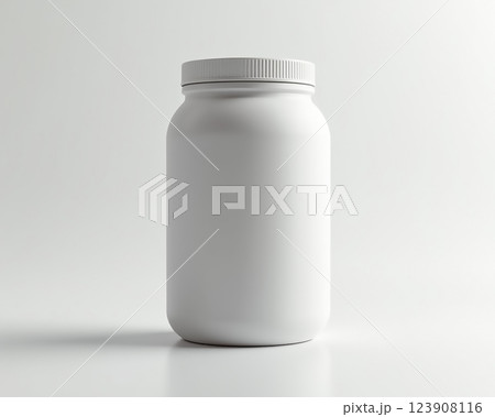 Simple white jar with a smooth surface and a screw top in a minimalist setting on a light background 123908116