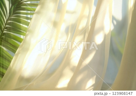 transparent curtain on the window, gently moved by the wind. sunlight. sun's rays shine through the transparent tulle 123908147