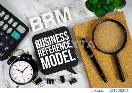 BRM - Business Reference Model acronym with calculator, alarm clock and magnifying glass, business concept background 123908268