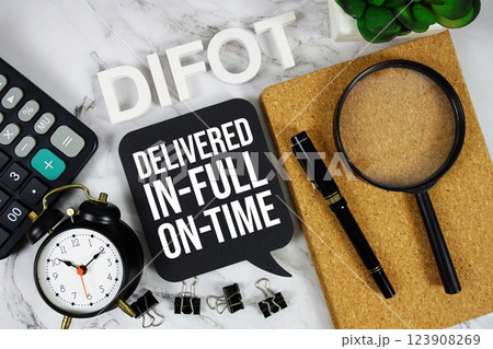 DIFOT - Delivered In-Full, On-Time acronym with calculator, alarm clock and magnifying glass, Business and Financial concept background DIFOT - Delivered In-Full, On-Time acronym with calculator, alarm clock and magnifying glass, Business and Financial concept background 123908269