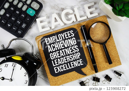 EAGLE - Employees Achieving Greatness And Leadership Excellence acronym with calculator, alarm clock and magnifying glass, Business and Financial concept background 123908272