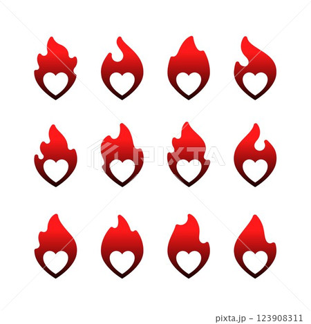 Fire flame icon set, hot heart symbols Fire flame icon set, hot heart symbols 123908311
