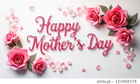 Beautiful pink roses and petals celebrating Mother's Day with joyful greetings 123908378