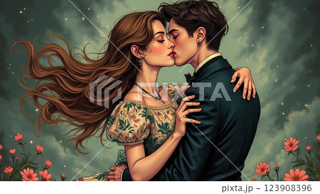 Romantic embrace of a couple in a floral setting under a dramatic sky at dusk 123908396