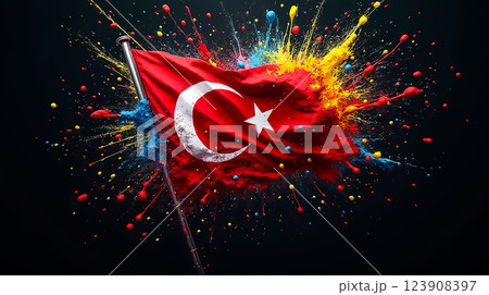 Colorful explosion of paint behind the Turkish flag symbolizing national pride and heritage 123908397