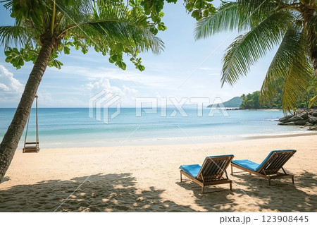 Summer beach background, on tropical island, with the sunny sky at Phuket, Thailand, Sea with coconut tree and swings, on a sunny day, Sea with palm tree, and beach chair, by the sea on a summer day. 123908445