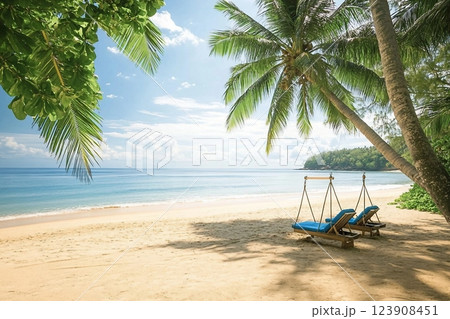 Summer beach background, on tropical island, with the sunny sky at Phuket, Thailand, Sea with coconut tree and swings, on a sunny day, Sea with palm tree, and beach chair, by the sea on a summer day. 123908451