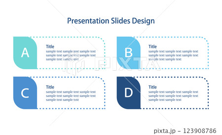 点線の長方形フレームからなる4つの要素のインフォグラフィックス 16:9のスライドのテンプレート 123908786