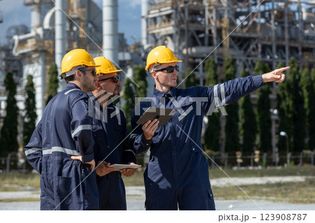 Engineer working using tablet together at station refining oil petrochemical. Technician worker check quality oil industry factory. Inspector standing at zone gas with refinery building background. Engineer working using tablet together at station refining oil petrochemical. Technician worker check quality oil industry factory. Inspector standing at zone gas with refinery building background. 123908787