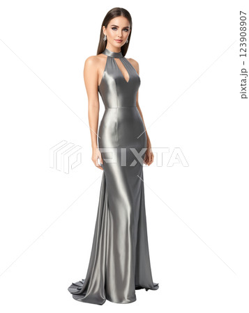 Metallic Pewter Evening Gown, floor-length with a sleek column silhouette, sleeveless with a high neckline that exudes modern elegance, keyhole 123908907