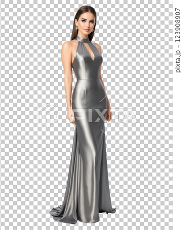 Metallic Pewter Evening Gown, floor-length with a sleek column silhouette, sleeveless with a high neckline that exudes modern elegance, keyhole Metallic Pewter Evening Gown, floor-length with a sleek column silhouette, sleeveless with a high neckline that exudes modern elegance, keyhole 123908907