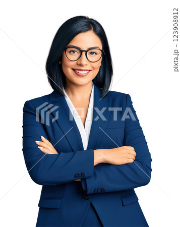 A confident Latina woman with short dark hair and eyeglasses, dressed in a dark blue business suit and white blouse. 123908912