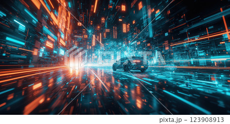 A cutting-edge AI-powered traffic management system that predicts congestion patterns and directs autonomous vehicles in real-time, set against an abstract A cutting-edge AI-powered traffic management system that predicts congestion patterns and directs autonomous vehicles in real-time, set against an abstract 123908913