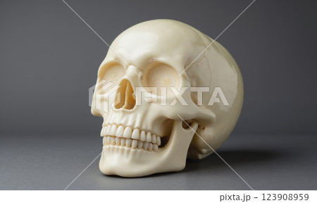 A realistic depiction of a human skull, with all of its bones, and openings, made completely from carefully selected, white 123908959