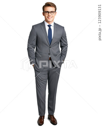 A cheerful Caucasian man with short brown hair and eyeglasses, dressed in a charcoal gray business suit and white shirt. 123909131