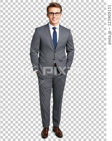 A cheerful Caucasian man with short brown hair and eyeglasses, dressed in a charcoal gray business suit and white shirt. 123909131