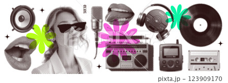 Groovy music mixed media halftone collage elements set with vinyl, vintage microphone, singing mouth, girl with headphones on transparent background, dotted elements. Vector illustration Groovy music mixed media halftone collage elements set with vinyl, vintage microphone, singing mouth, girl with headphones on transparent background, dotted elements. Vector illustration 123909170