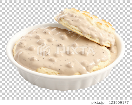 Biscuits and Gravy Fluffy buttermilk biscuits smothered in savory sausage gravy, with a peppery, creamy texture. 123909177