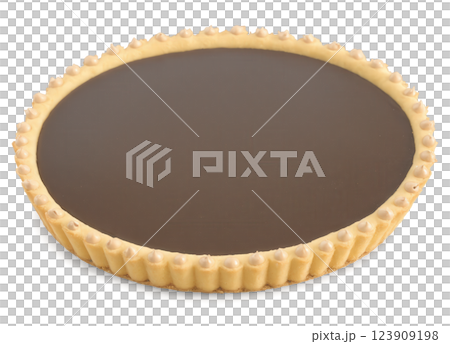 Mocha mousse tart with a rich, buttery pastry crust filled with creamy mocha mousse, topped with chocolate ganache and finely 123909198