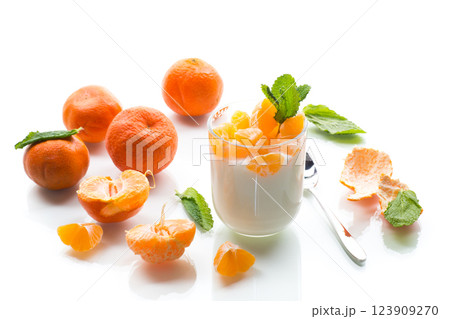 Refreshing dessert with tangerines and yogurt, isolated on white background Refreshing dessert with tangerines and yogurt, isolated on white background 123909270