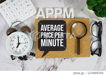 APPM - Average Price Per Minute acronym with calculator, alarm clock and magnifying glass, Business concept background 123909784
