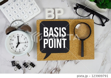 BP - Basis Point acronym with calculator, alarm clock and magnifying glass, Business concept background BP - Basis Point acronym with calculator, alarm clock and magnifying glass, Business concept background 123909791