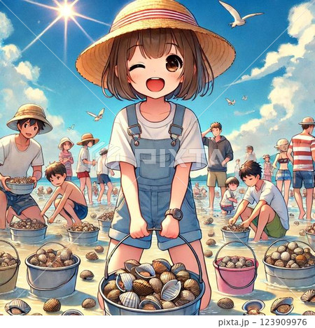 春の潮干狩りする女の子 123909976