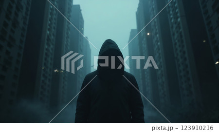 Hooded figure in foggy urban alley 123910216