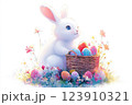 Easter bunny with basket , colorful eggs and various flowers. 123910321