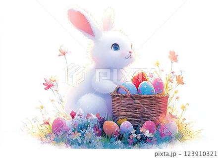 Easter bunny with basket , colorful eggs and various flowers. Easter bunny with basket , colorful eggs and various flowers. 123910321