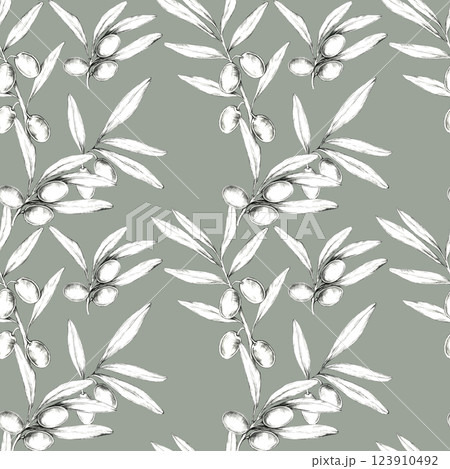 Featuring olive branches and olives on muted sage green background, this pencil-drawn seamless pattern works beautifully for fabric design, wallpapers, or stationery. Organic botanical clipart. 123910492
