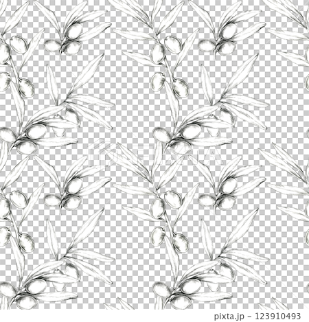 Olives, leaves and branches sketched in pencil. Seamless pattern hand drawn illustration. This clipart is ideal for textiles, home decor, or packaging designs, with detailed natural botanical motif 123910493