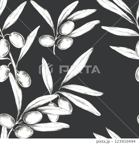 Olive branches and olives illustration, hand drawn in pencil on dark grey background. Seamless pattern clipart. Perfect for textiles, wallpaper, or wrapping paper with botanical elements Olive branches and olives illustration, hand drawn in pencil on dark grey background. Seamless pattern clipart. Perfect for textiles, wallpaper, or wrapping paper with botanical elements 123910494