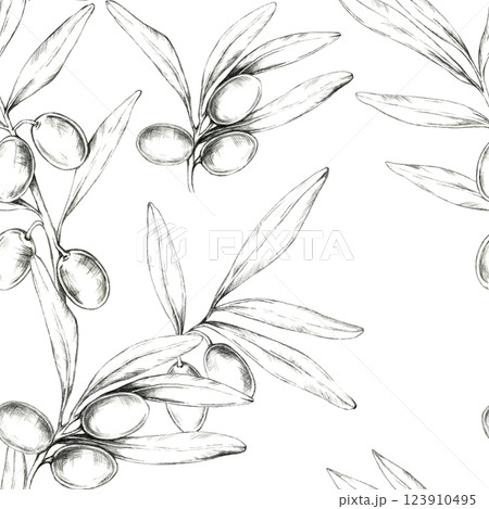 Hand-drawn olives and branches in pencil form a seamless pattern. Clipart ideal for fabric design, wallpaper, or stationery, adding a classic and botanical aesthetic to any project 123910495